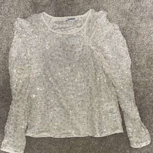 Express White Sequin Long Sleeve Blouse
